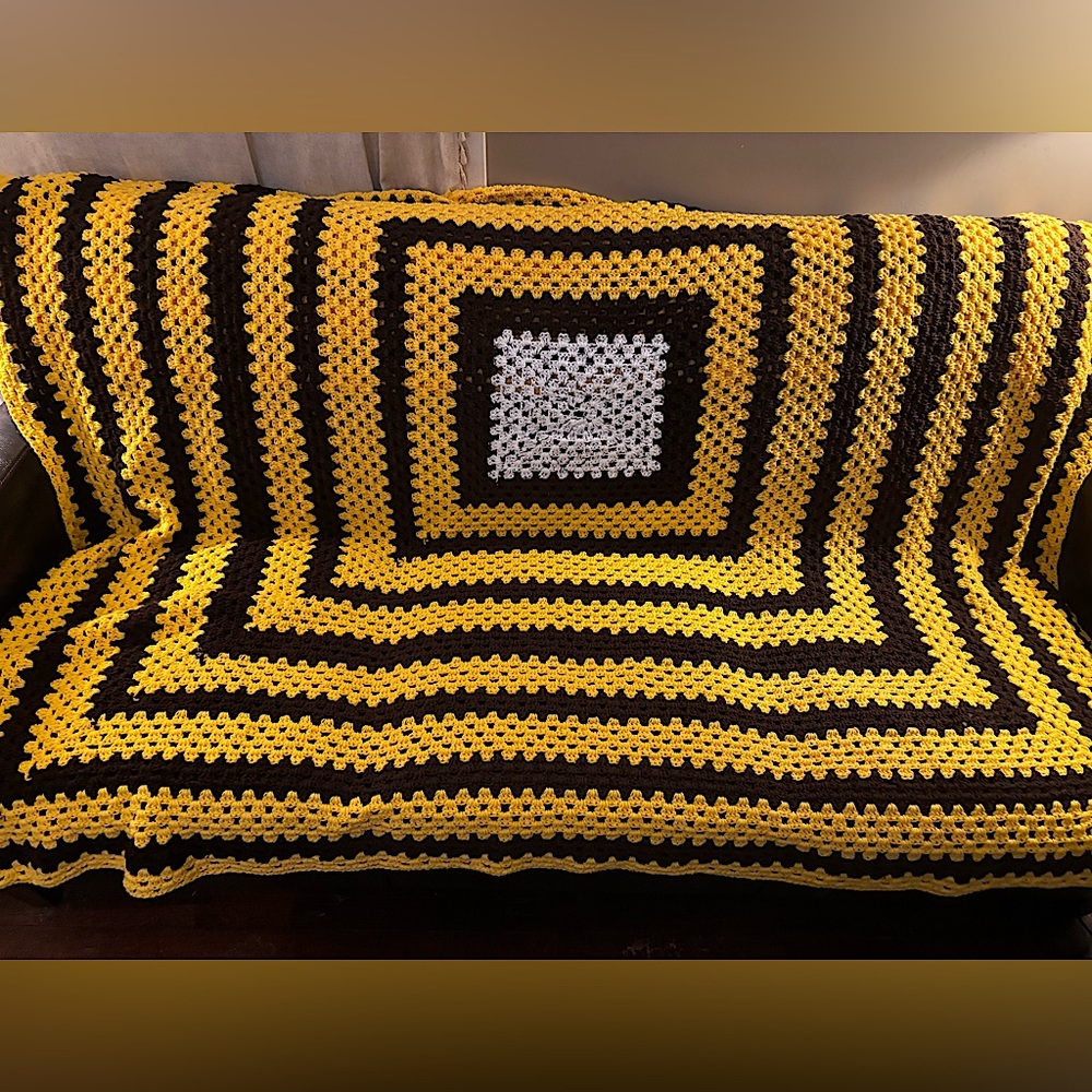 VINTAGE Handmade Crochet Afghan Blanket, 70’s Retro Boho Vibes, 98” x 93” approx